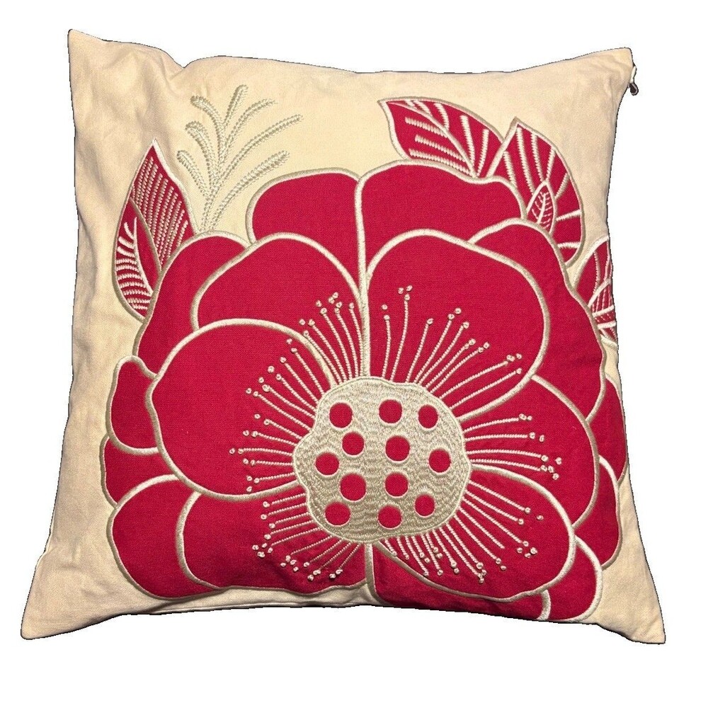 Pottery Barn Rosa Red Floral Embroidered Pillow 18x18 Cotton Cover Down Insert⁠